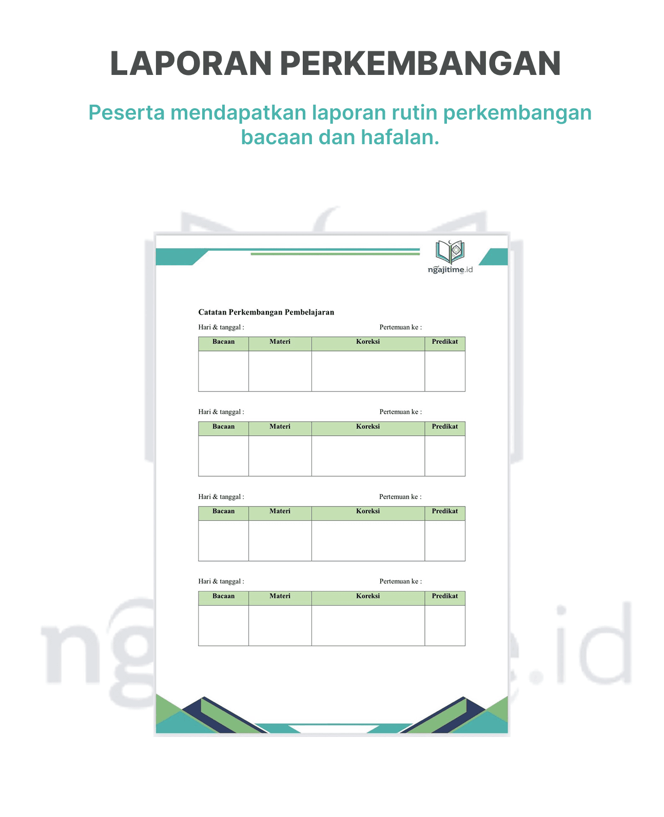 Pantau progres bacaan Al-Quran kamu lewat laporan perkembangan yang dikirim rutin.